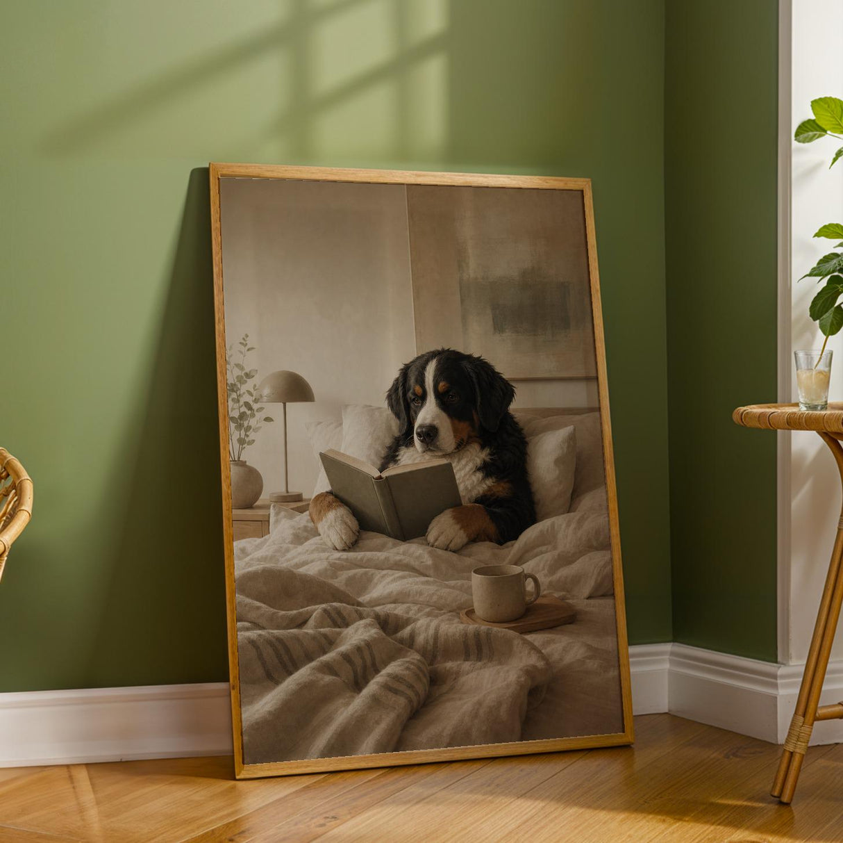 Bernese Mountain Dog Reading in Bed Poster | Modern Gouache Dog Wall Art | Warm Oat Milk Beige Decor | Scandinavian Bedroom Print
