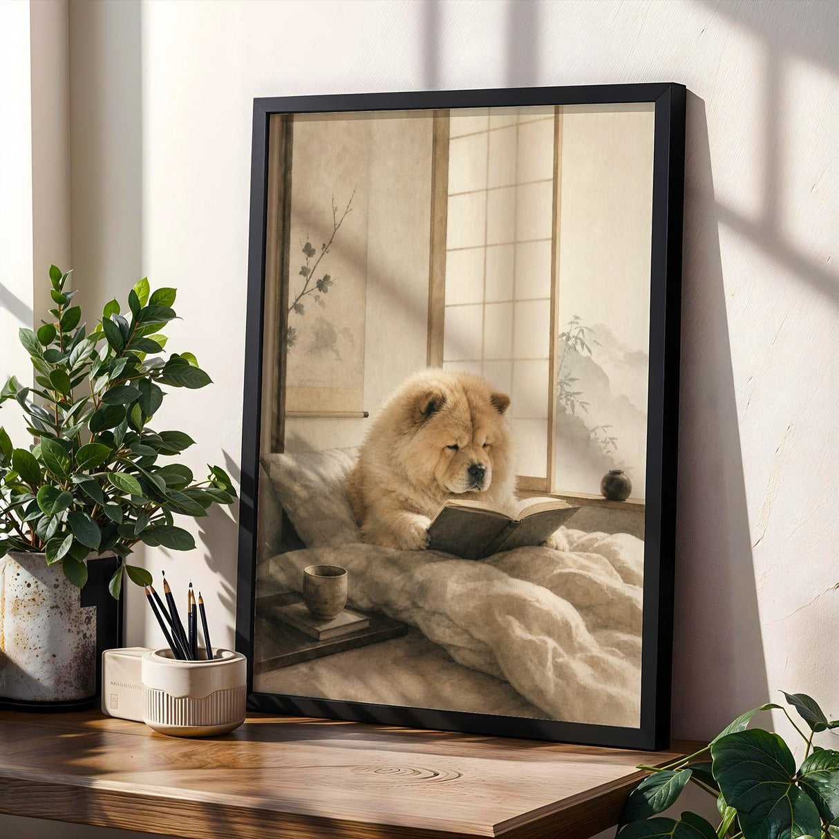 Chow Chow Reading in Bed Poster | Zen Ink Wash Dog Wall Art | Warm Ivory Fog Gray Decor | Minimalist Japanese Style Print | Chow Lover Gift