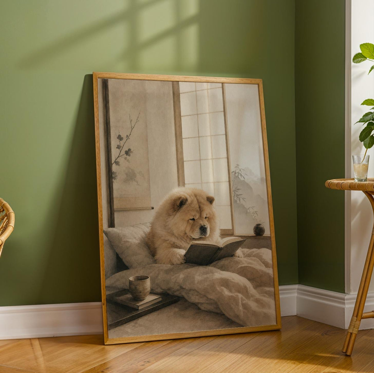 Chow Chow Reading in Bed Poster | Zen Ink Wash Dog Wall Art | Warm Ivory Fog Gray Decor | Minimalist Japanese Style Print | Chow Lover Gift