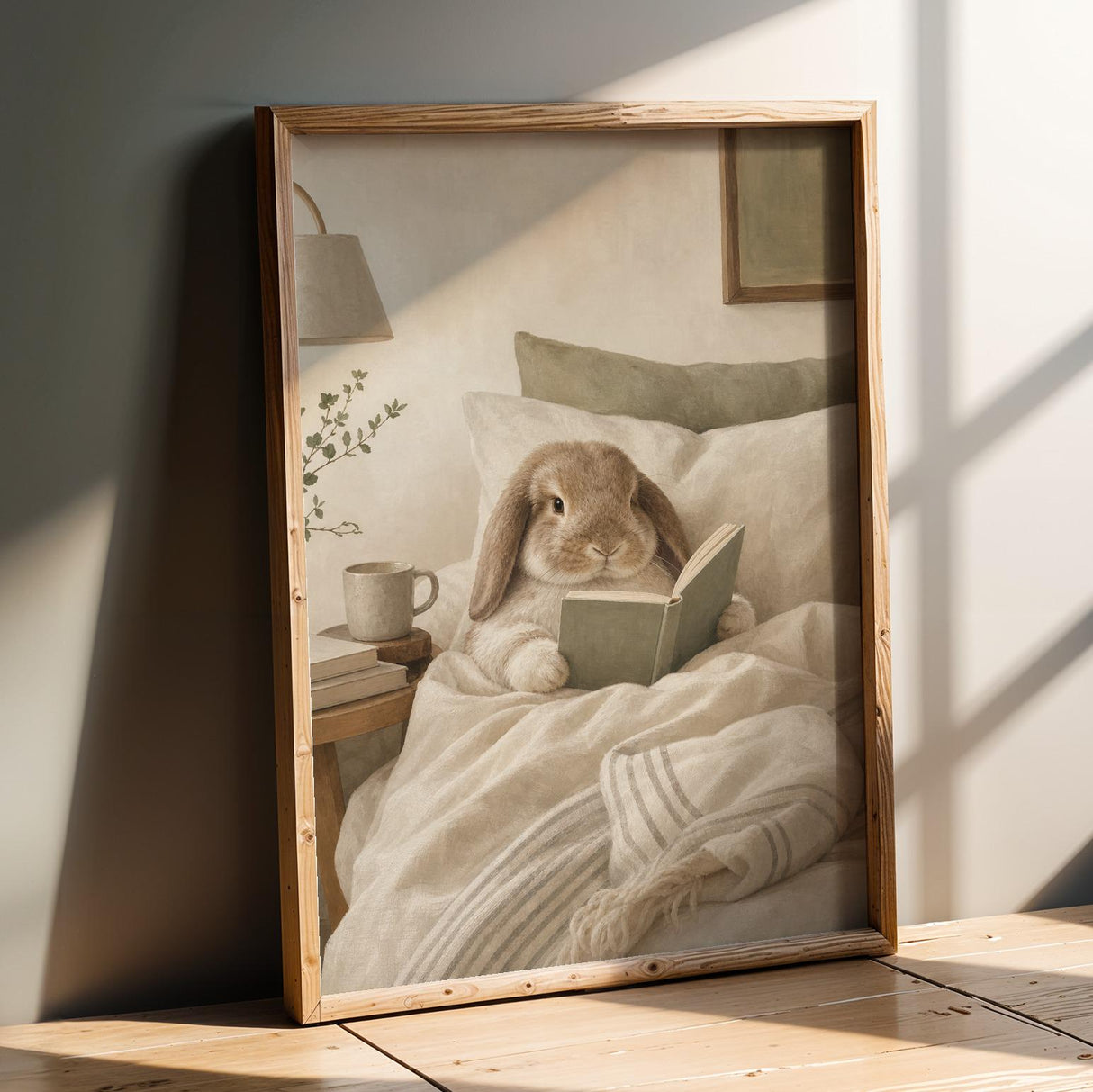 Holland Lop Rabbit Reading in Bed Poster | Scandinavian Gouache Bunny Wall Art | Warm Oat Milk Neutral Decor | Cozy Minimalist Bedroom Print