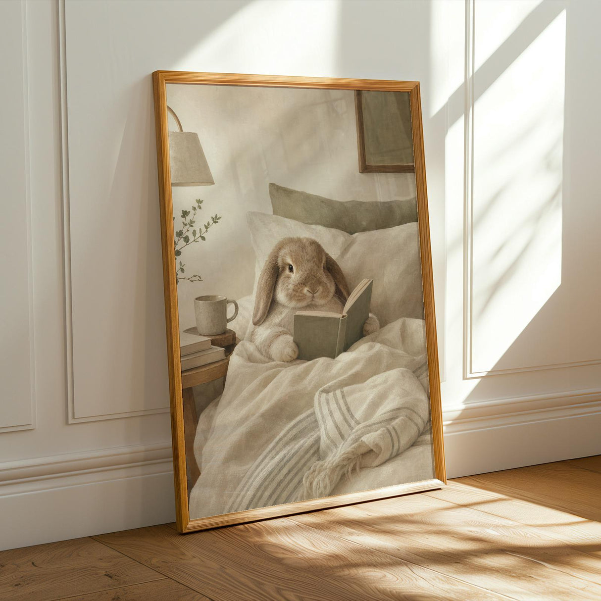 Holland Lop Rabbit Reading in Bed Poster | Scandinavian Gouache Bunny Wall Art | Warm Oat Milk Neutral Decor | Cozy Minimalist Bedroom Print