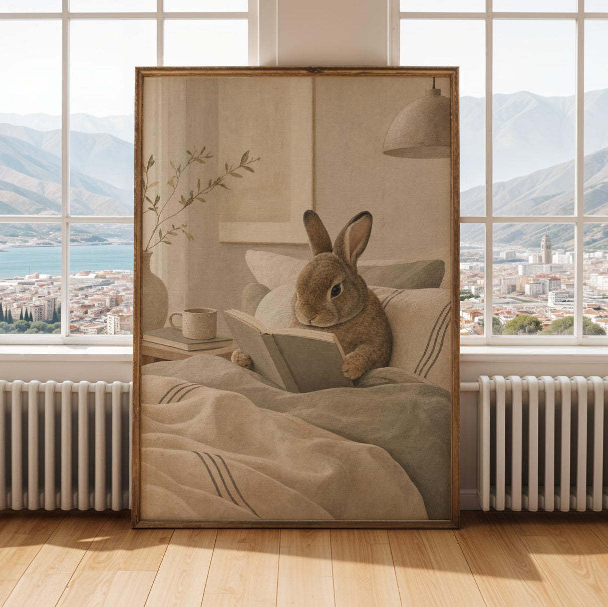 Mini Rex Rabbit Reading in Bed Poster | Scandinavian Gouache Bunny Wall Art | Warm Beige Oat Milk Decor | Cozy Nordic Bedroom Print