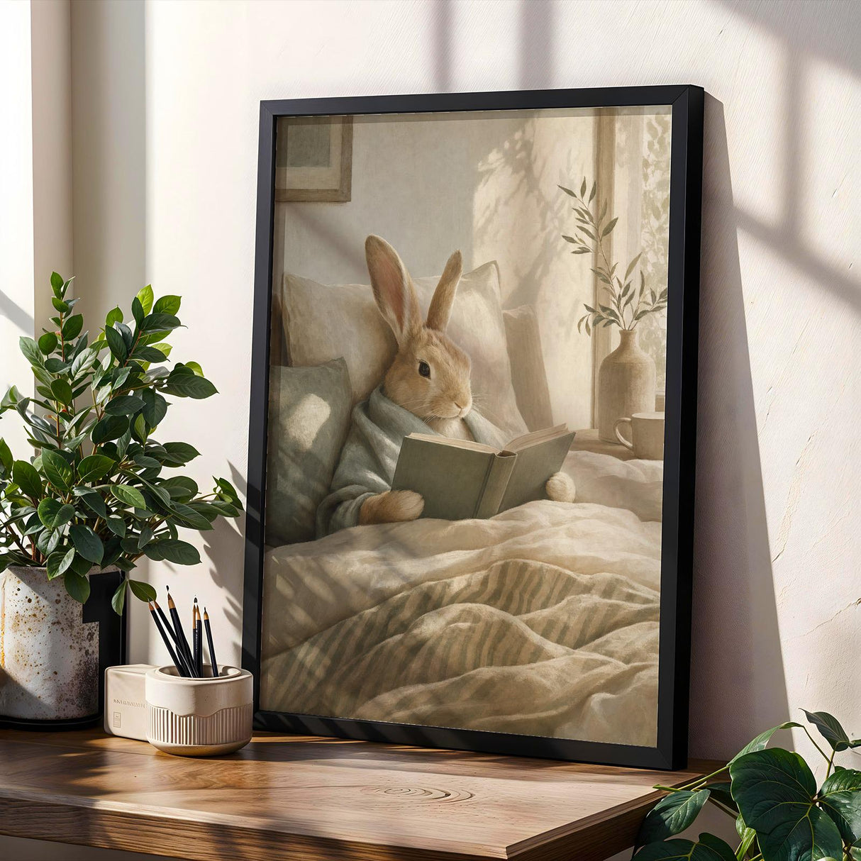 Satin Rabbit Reading in Bed Poster | Scandinavian Gouache Bunny Wall Art | Warm Neutral Nordic Decor | Cozy Minimalist Bedroom Nook Print