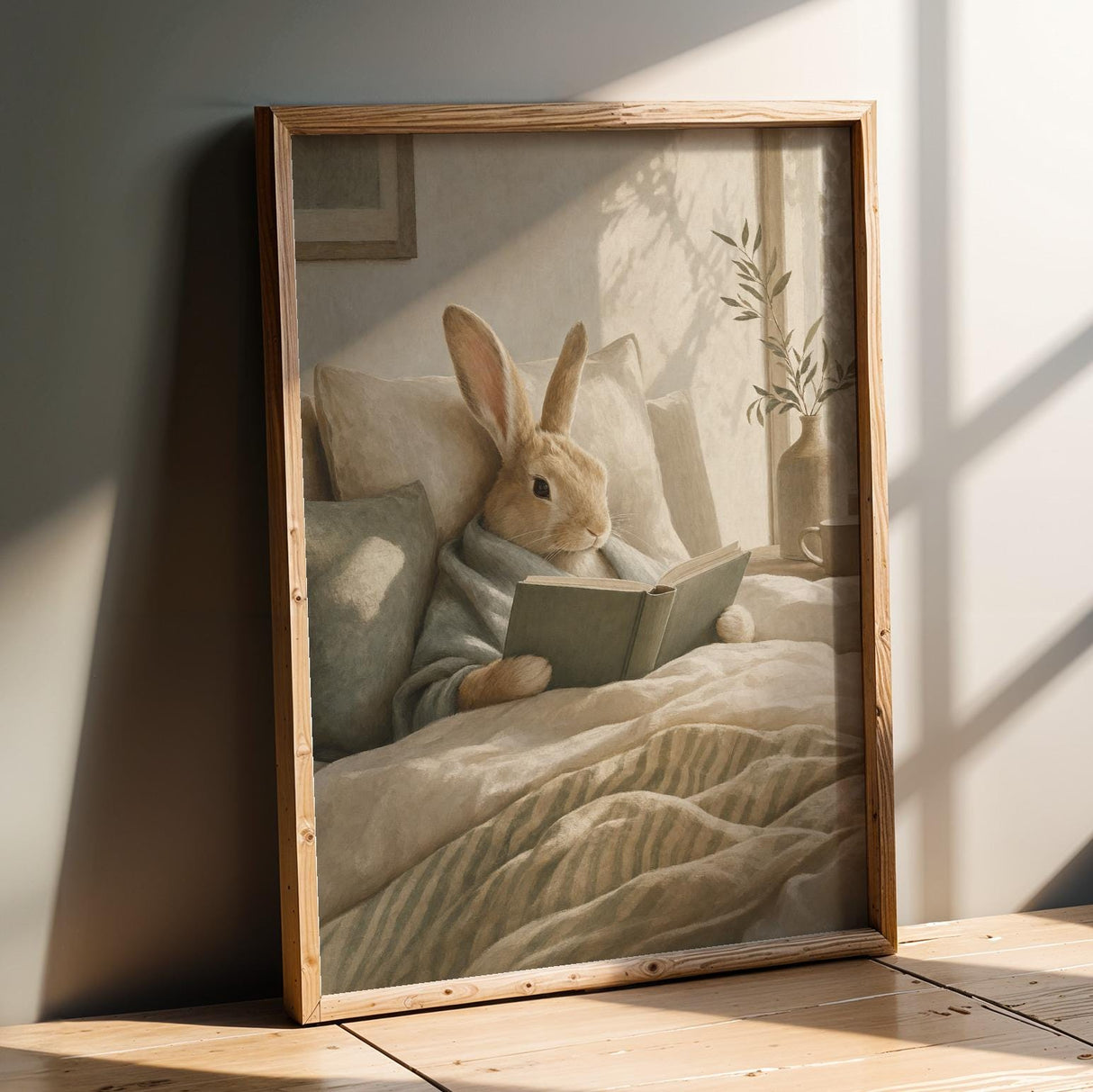 Satin Rabbit Reading in Bed Poster | Scandinavian Gouache Bunny Wall Art | Warm Neutral Nordic Decor | Cozy Minimalist Bedroom Nook Print