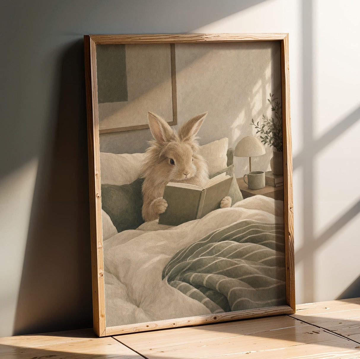 Lionhead Rabbit Reading in Bed Poster | Modern Gouache Bunny Wall Art | Warm Neutral Bedroom Decor Print | Cozy Minimalist Nook Art