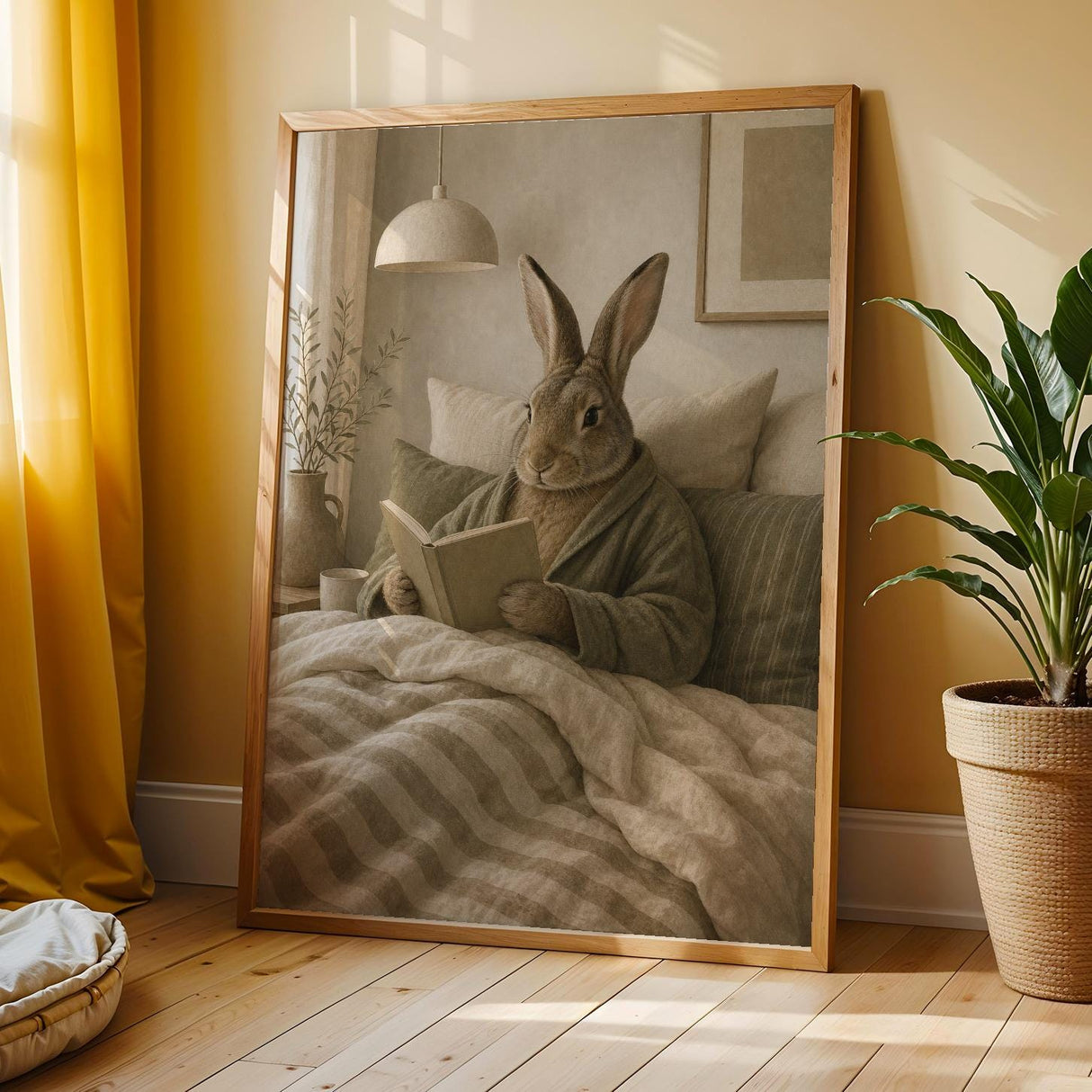 Flemish Rabbit Reading in Bed Poster | Nordic Gouache Bunny Wall Art | Warm Oat Milk Neutral Decor | Cozy Minimalist Bedroom Print