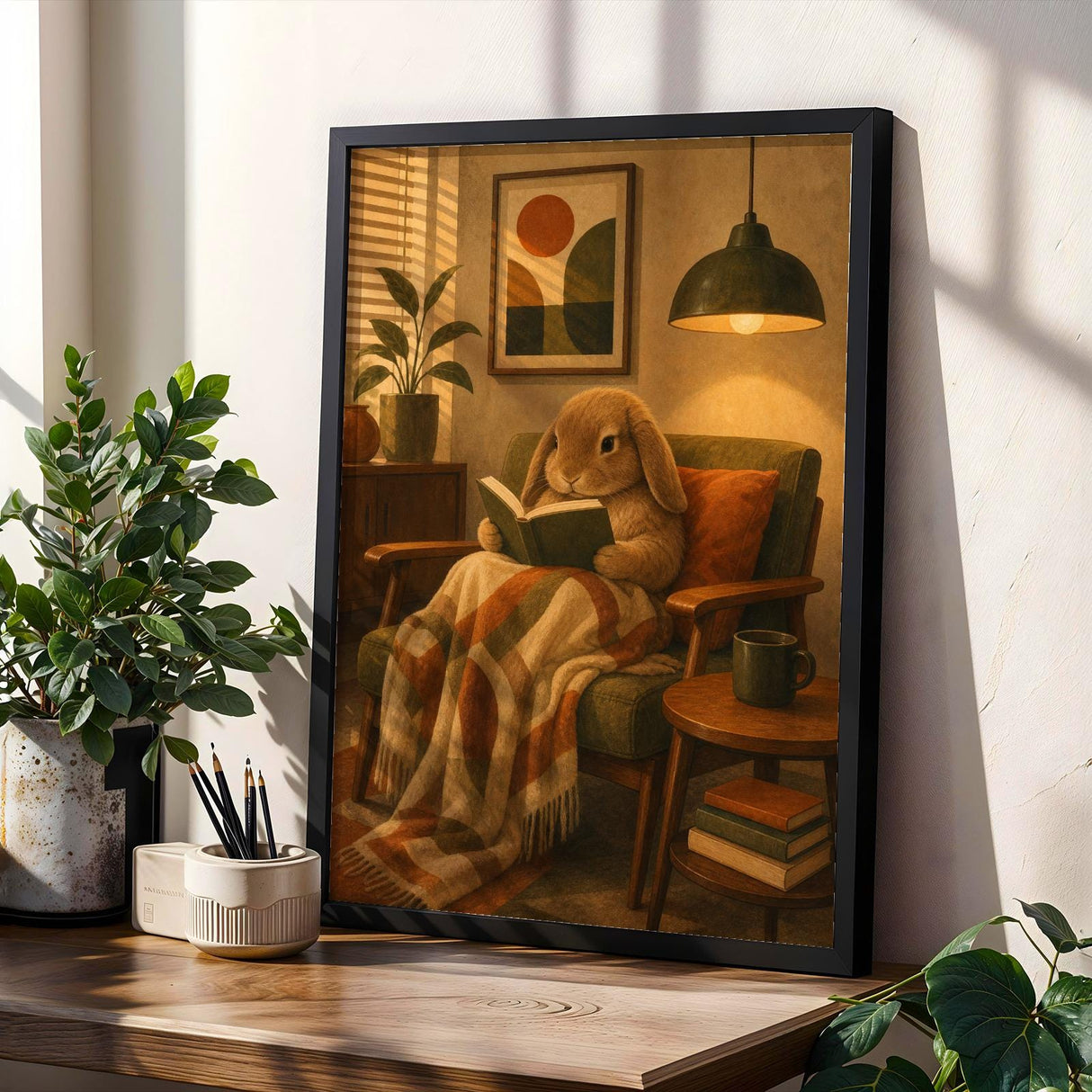 Mini Lop Rabbit Reading in Armchair Poster | Retro Modern Bunny Wall Art | Orange Olive Green Decor | Cozy Mid Century Living Room Print