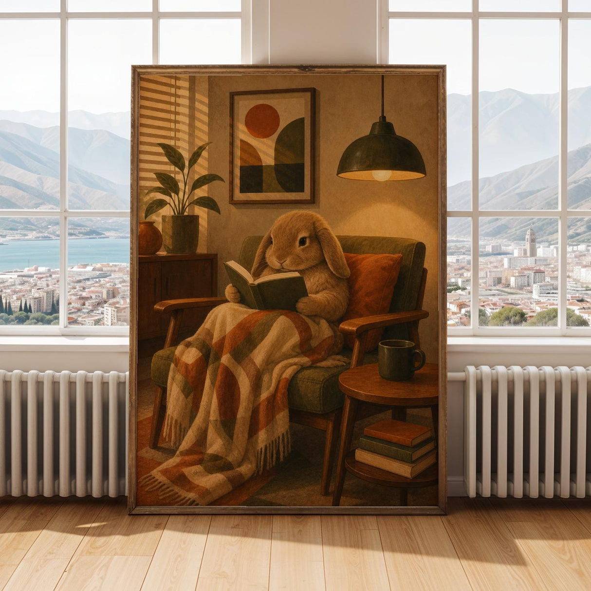 Mini Lop Rabbit Reading in Armchair Poster | Retro Modern Bunny Wall Art | Orange Olive Green Decor | Cozy Mid Century Living Room Print