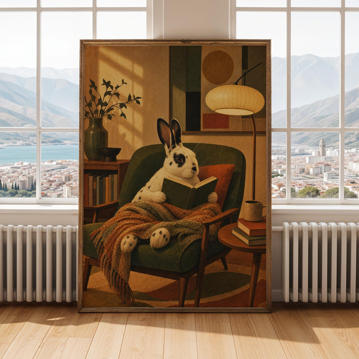 English Spot Rabbit Reading in Armchair Poster | Modern Bunny Wall Art | Green Warm Cream Decor | Cozy Reading Nook Living Room Print