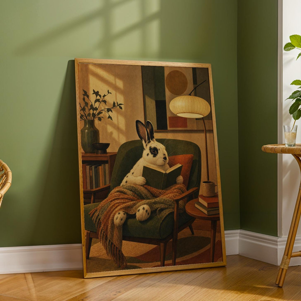 English Spot Rabbit Reading in Armchair Poster | Modern Bunny Wall Art | Green Warm Cream Decor | Cozy Reading Nook Living Room Print