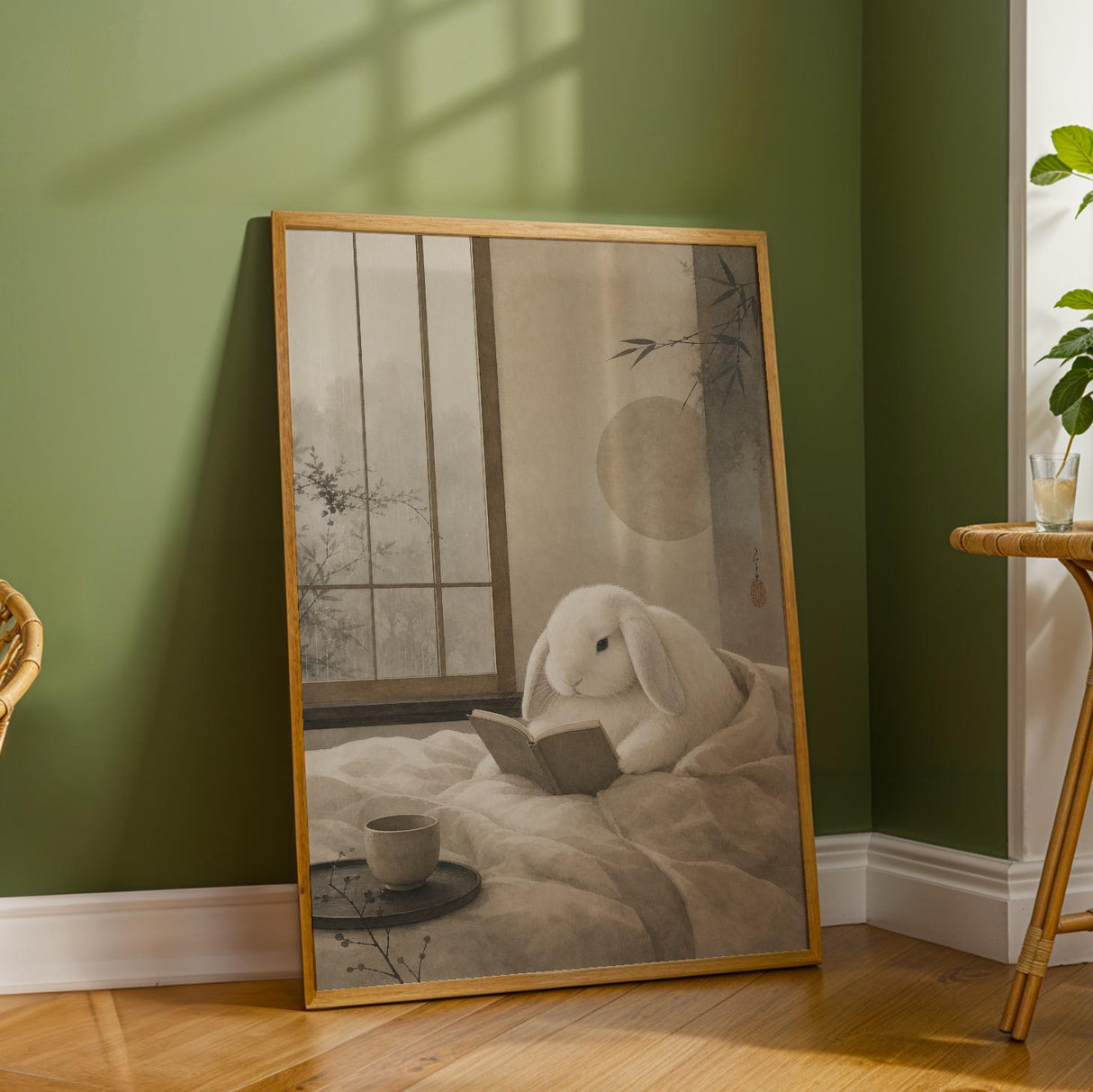 Holland Lop Rabbit Reading in Bed Poster | Japanese Zen Sumi-e Bunny Wall Art | Warm Ivory Fog Gray Decor | Minimalist Bedroom Print
