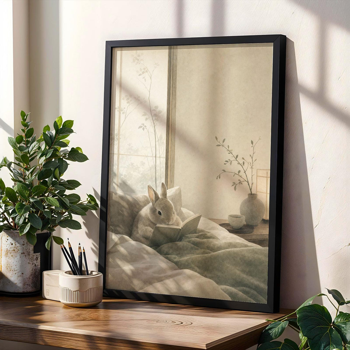 Netherland Dwarf Rabbit Reading in Bed Poster | Japanese Zen Sumi-e Bunny Wall Art | Warm Ivory Fog Gray Decor | Minimalist Bedroom Print