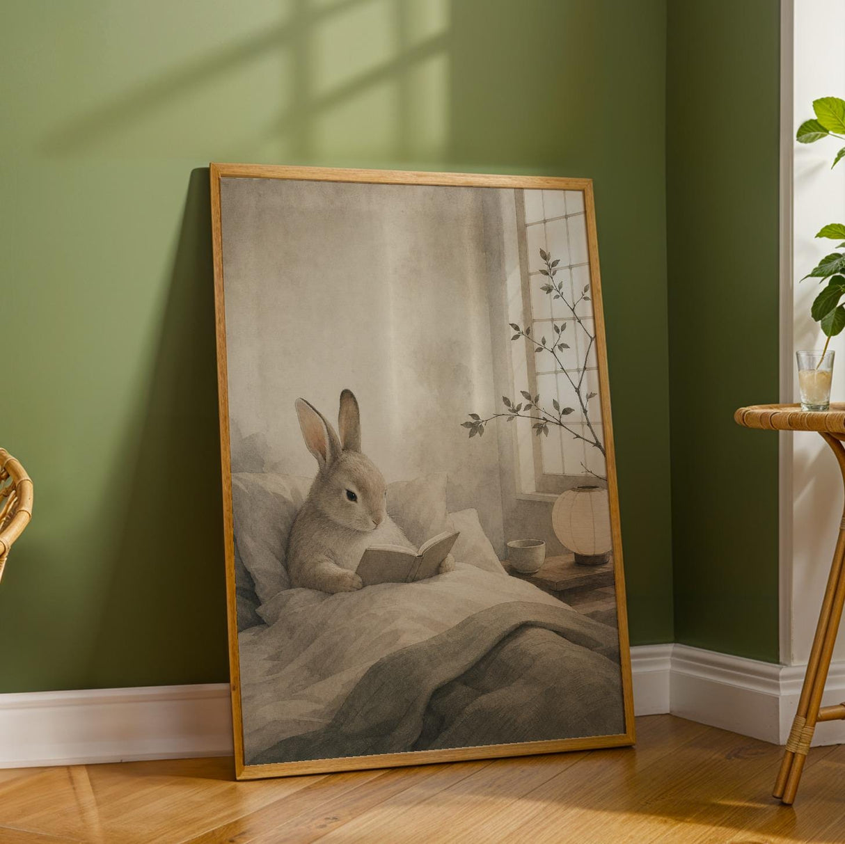 Satin Rabbit Reading in Bed Poster | Japanese Zen Sumi-e Bunny Wall Art | Warm Ivory Fog Gray Decor | Minimalist Bedroom Print