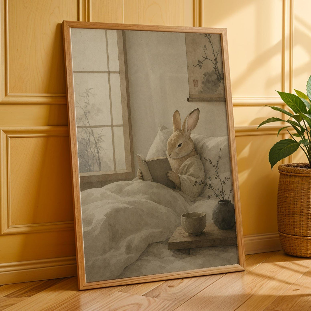Tan Rabbit Reading in Bed Poster | Japanese Zen Sumi-e Bunny Wall Art | Warm Ivory Neutral Decor | Minimalist Ink Wash Bedroom Print