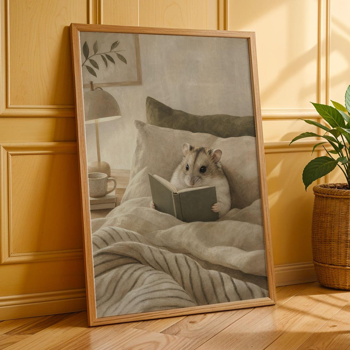 Russian Dwarf Hamster Reading in Bed Poster | Modern Gouache Hamster Wall Art | Warm Beige Oat Milk Decor | Cozy Minimalist Bedroom Print