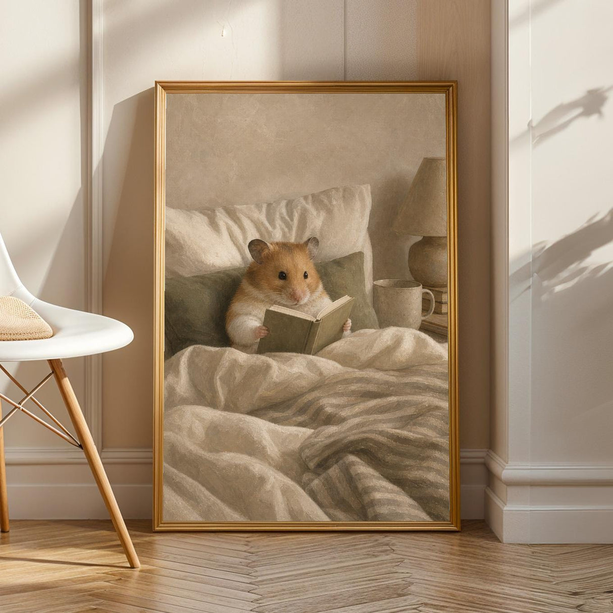 Syrian Hamster Reading in Bed Poster | Nordic Gouache Hamster Wall Art | Warm Beige Neutral Decor | Cozy Minimalist Nook Print