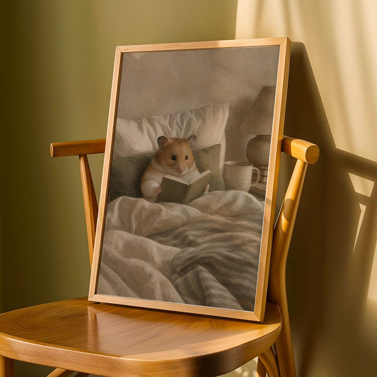 Syrian Hamster Reading in Bed Poster | Nordic Gouache Hamster Wall Art | Warm Beige Neutral Decor | Cozy Minimalist Nook Print
