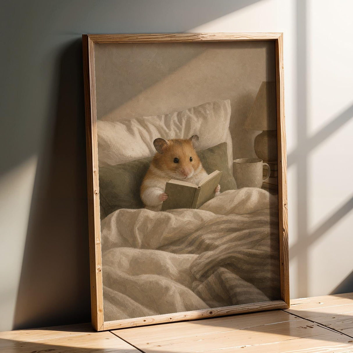 Syrian Hamster Reading in Bed Poster | Nordic Gouache Hamster Wall Art | Warm Beige Neutral Decor | Cozy Minimalist Nook Print