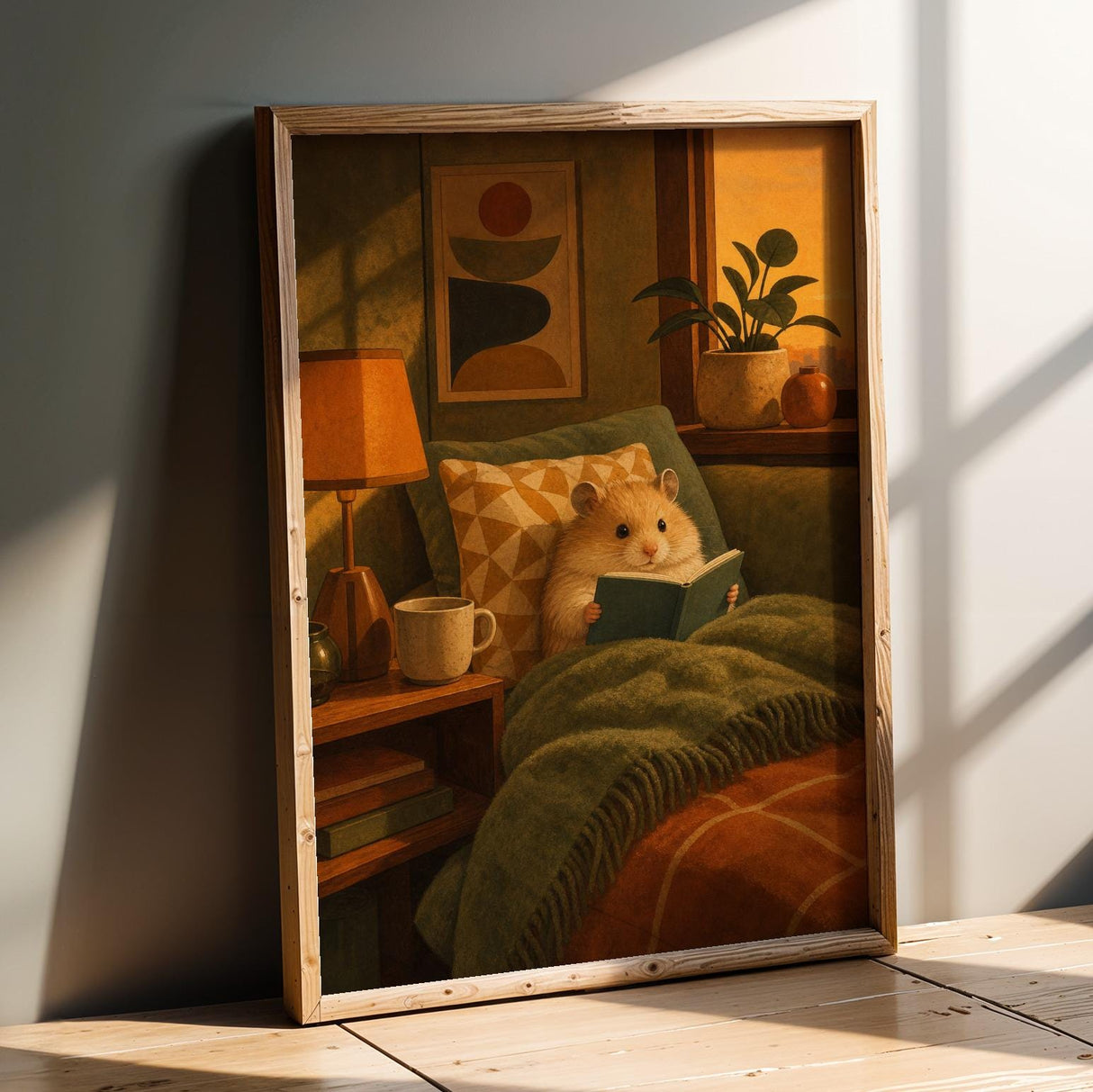 Teddy Bear Hamster Reading in Armchair Poster | Mid Century Modern Editorial Wall Art | Orange Yellow Decor | Cozy Retro Living Room Print