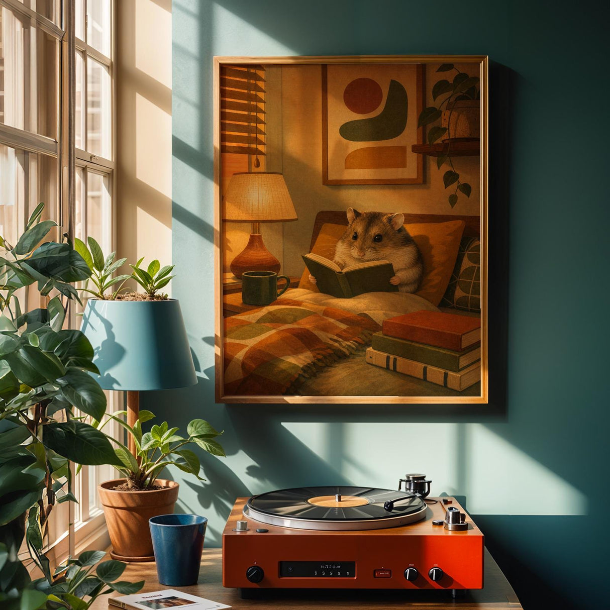 Campbell’s Dwarf Hamster Reading in Armchair Poster | Modern Hamster Wall Art | Yellow Orange Decor | Cozy Mid Century Living Room Print