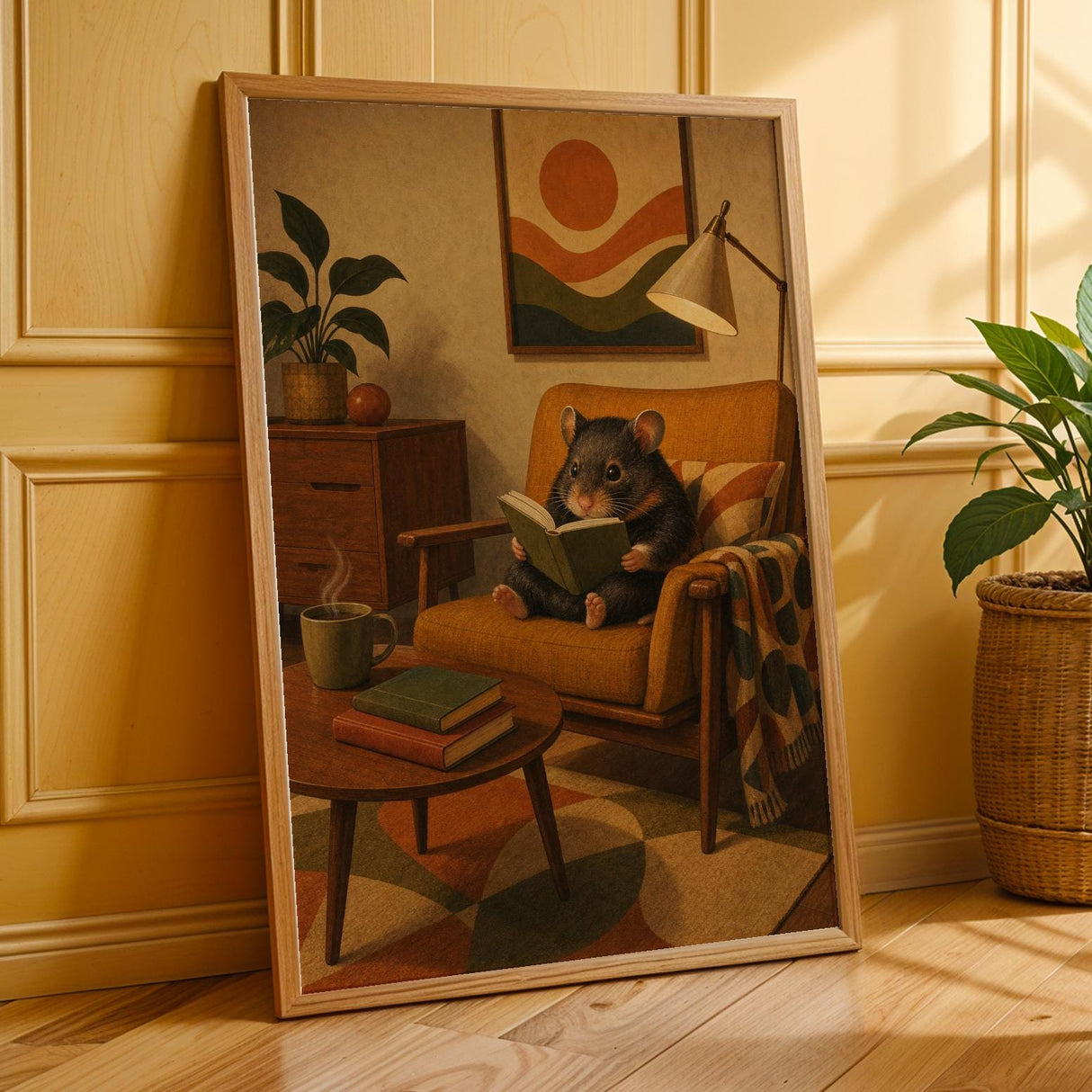 Hamster Reading in Armchair Poster | Retro Painterly Hamster Wall Art | Walnut Brown Burnt Orange Decor | Cozy Mid Century Living Room Print