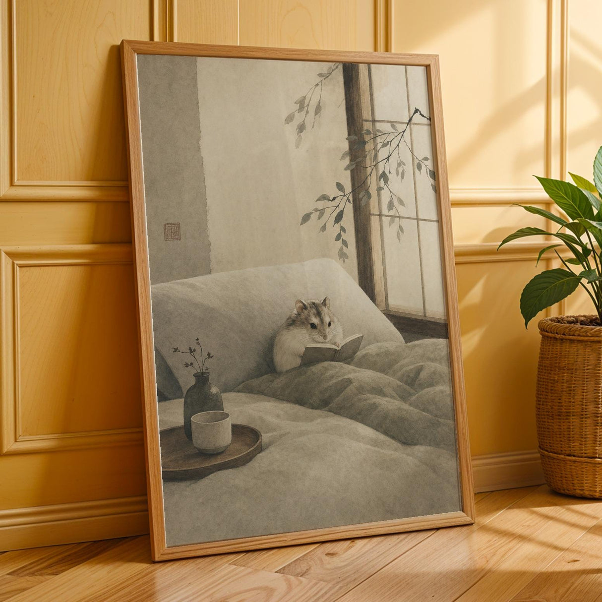 Hamster Reading Book Poster | Japanese Zen Sumi-e Ink Wash Wall Art | Warm Ivory Fog Gray Decor | Minimalist Bedroom Print