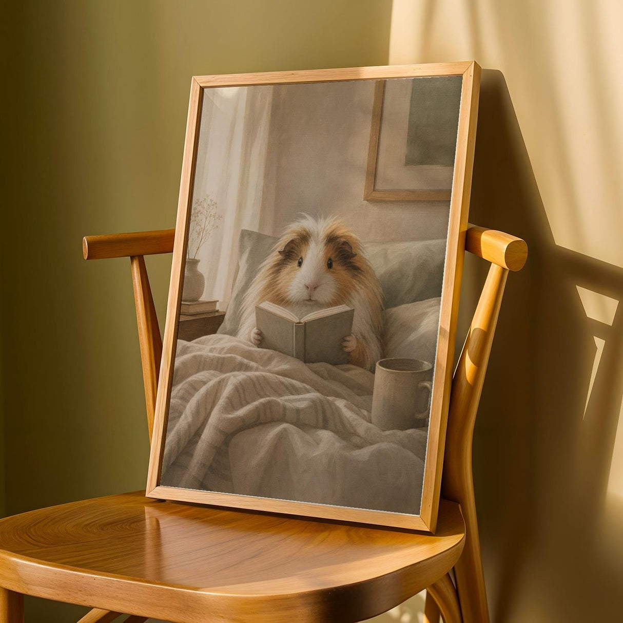 Sheltie Guinea Pig Reading in Bed Poster | Modern Gouache Guinea Pig Wall Art | Warm Beige Oat Milk Decor | Cozy Minimalist Bedroom Print