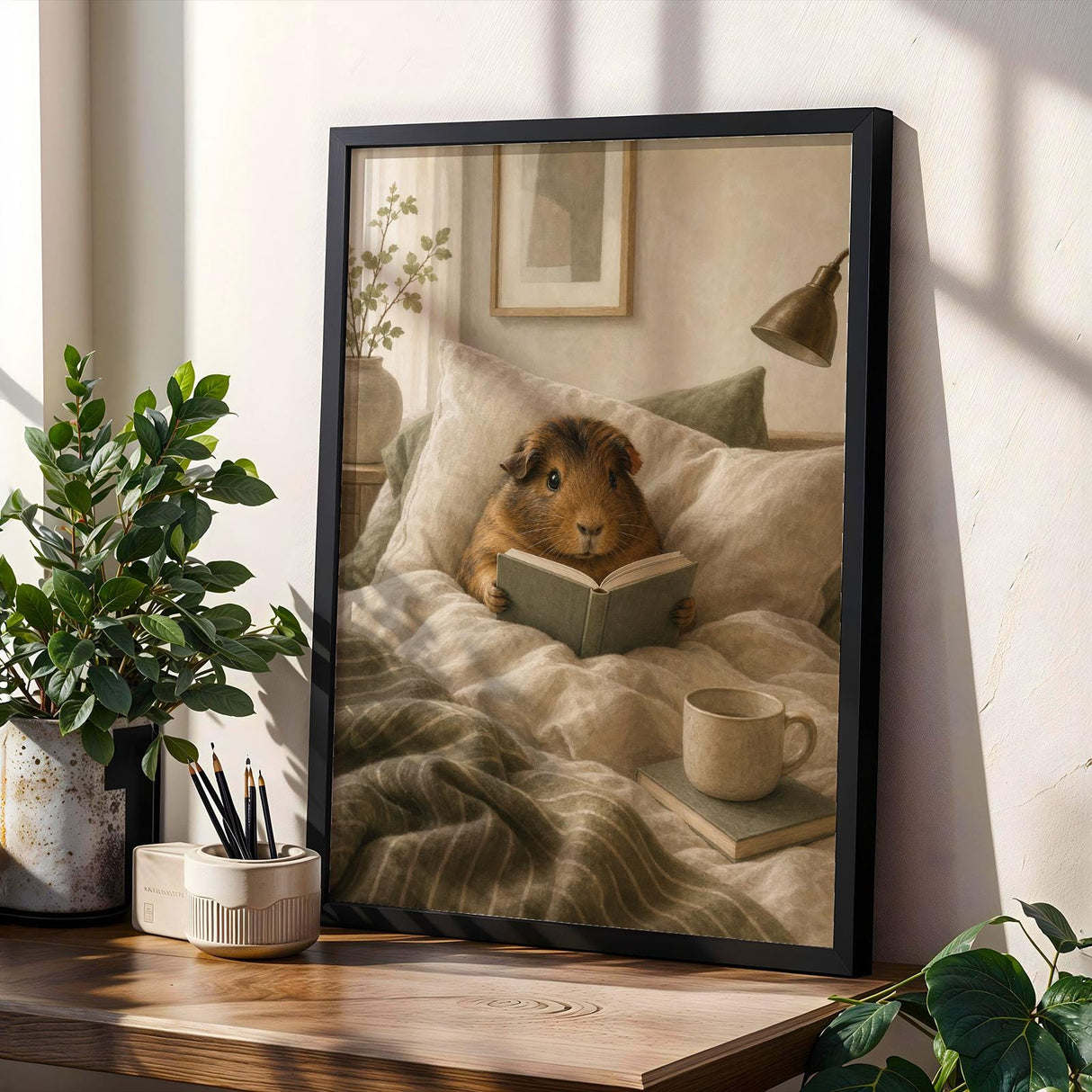 Abyssinian Guinea Pig Reading in Bed Poster | Modern Gouache Guinea Pig Wall Art | Warm Beige Soft Ivory Decor | Cozy Bedroom Print