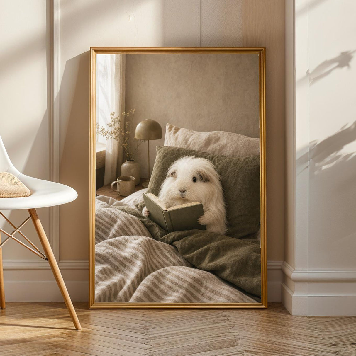 Silkie Guinea Pig Reading in Bed Poster | Modern Gouache Guinea Pig Wall Art | Warm Beige Oat Milk Decor | Cozy Minimalist Bedroom Print