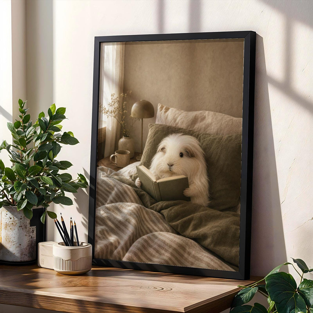Silkie Guinea Pig Reading in Bed Poster | Modern Gouache Guinea Pig Wall Art | Warm Beige Oat Milk Decor | Cozy Minimalist Bedroom Print