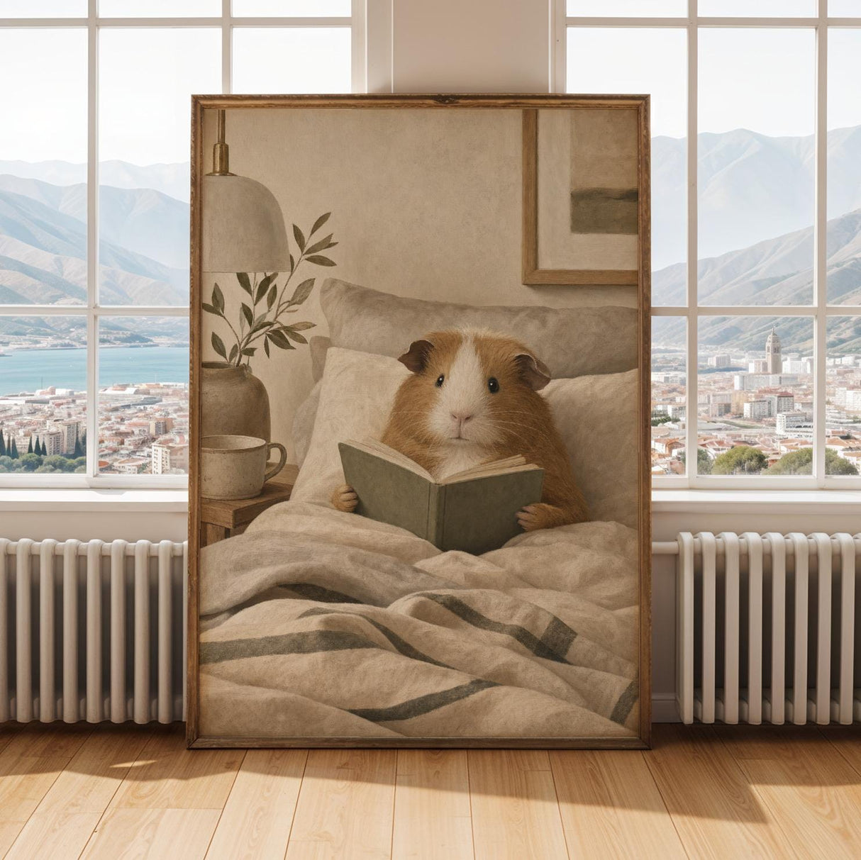 Teddy Guinea Pig Reading in Bed Poster | Soft Gouache Oat Milk Beige Wall Art | Cozy Minimalist Bedroom Decor Print | Nursery Nook Art