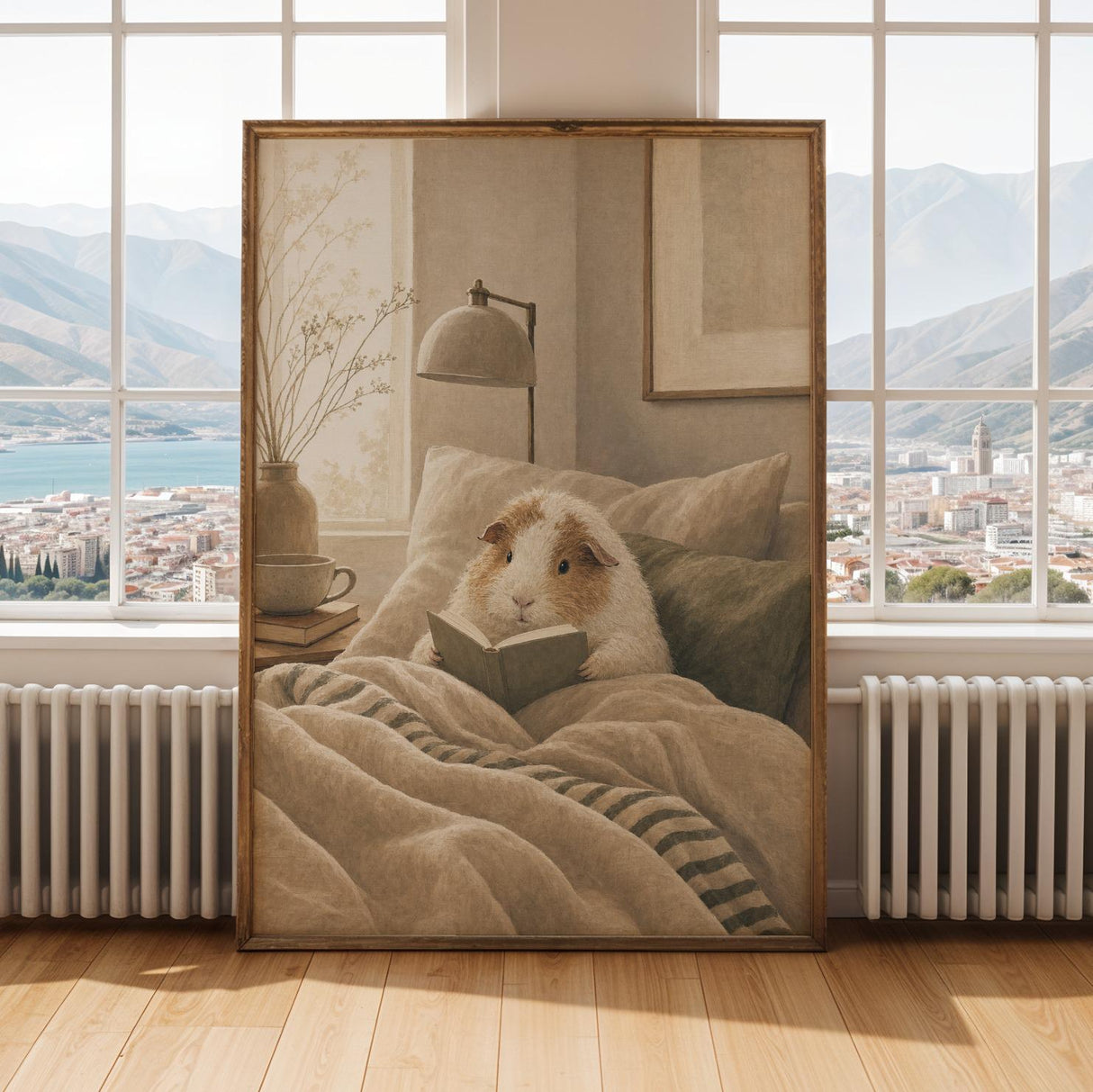 Texel Guinea Pig Reading in Bed Poster | Modern Soft Gouache Guinea Pig Wall Art | Warm Beige Oat Milk Decor | Cozy Minimalist Bedroom Print