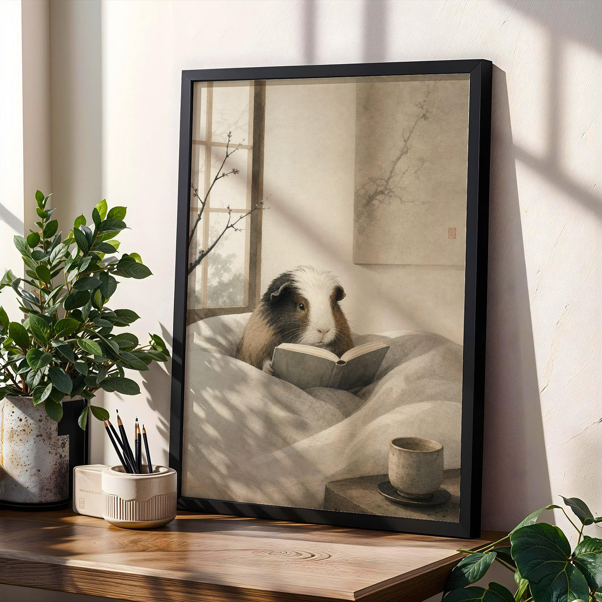White Guinea Pig Reading in Bed Poster | Japanese Zen Ink Wash Guinea Pig Wall Art | Warm Ivory Neutral Decor | Minimalist Bedroom Print