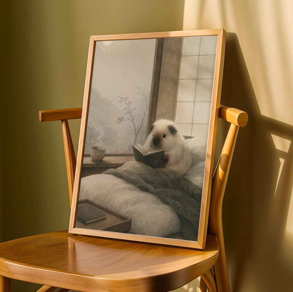 Himalayan Guinea Pig Reading in Bed Poster | Japanese Zen Sumi-e Guinea Pig Wall Art | Warm Ivory Fog Gray Decor | Minimalist Bedroom Print