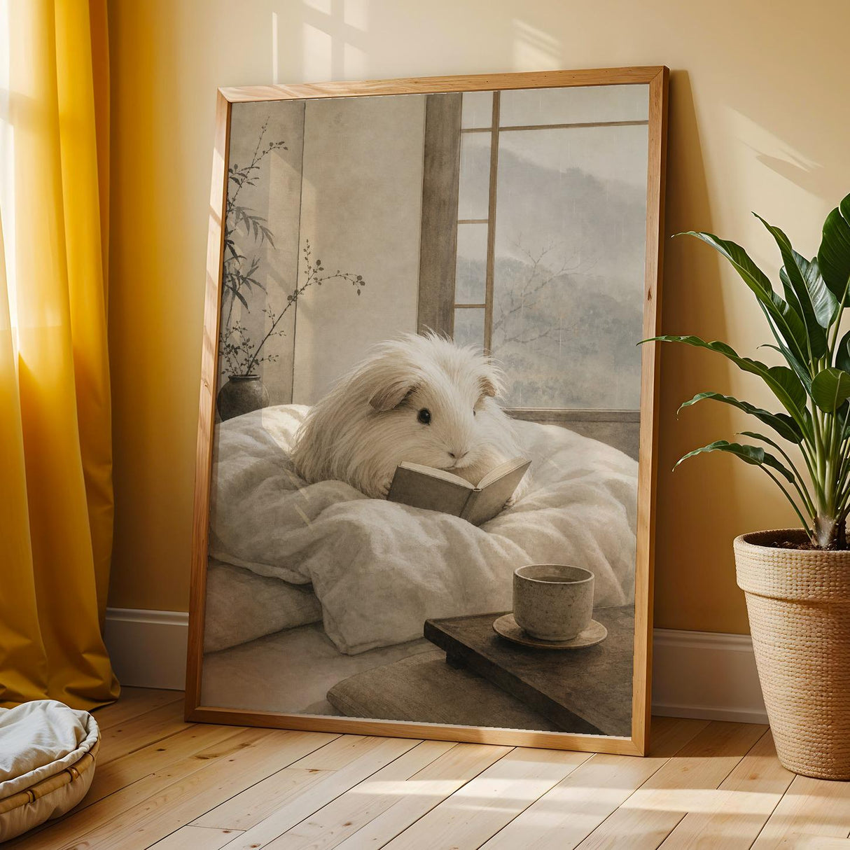 Silkie Guinea Pig Reading in Bed Poster | Japanese Zen Sumi-e Guinea Pig Wall Art | Warm Ivory Fog Gray Decor | Minimalist Bedroom Print