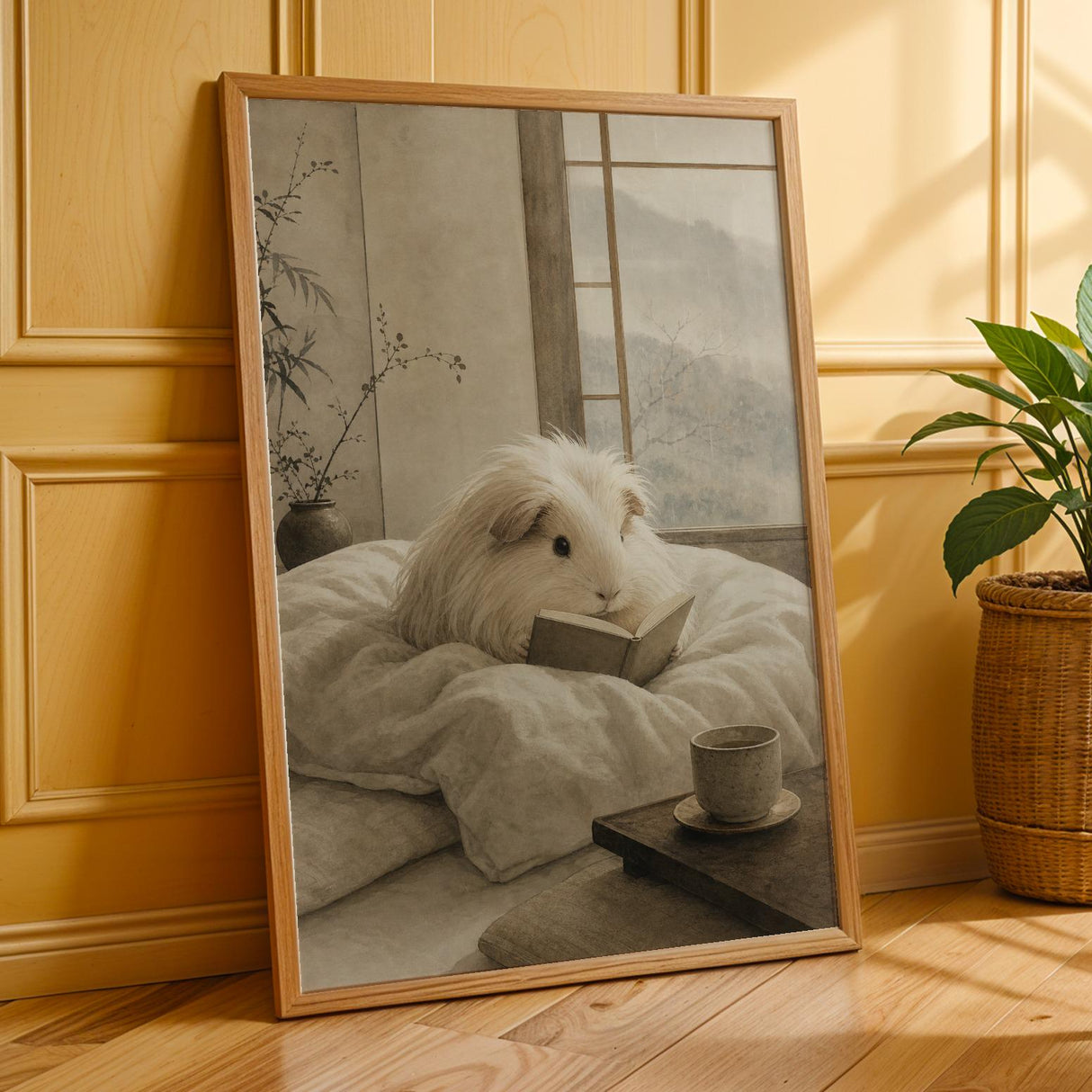 Silkie Guinea Pig Reading in Bed Poster | Japanese Zen Sumi-e Guinea Pig Wall Art | Warm Ivory Fog Gray Decor | Minimalist Bedroom Print