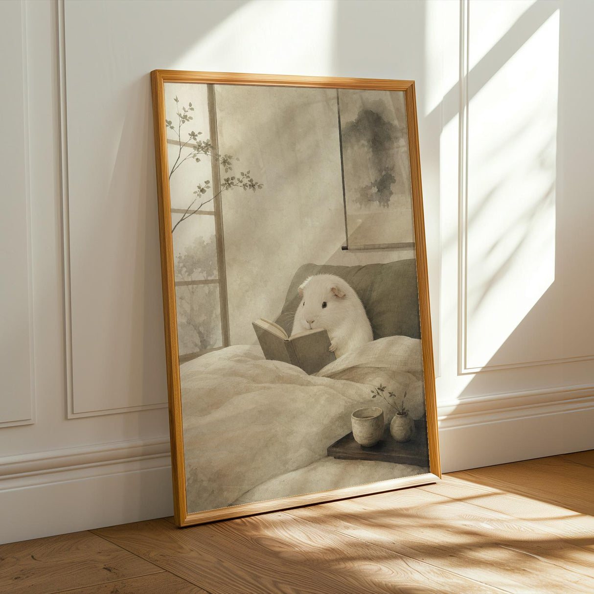 White Guinea Pig Reading in Bed Poster | Japanese Zen Sumi-e Guinea Pig Wall Art | Warm Ivory Fog Gray Decor | Minimalist Bedroom Print