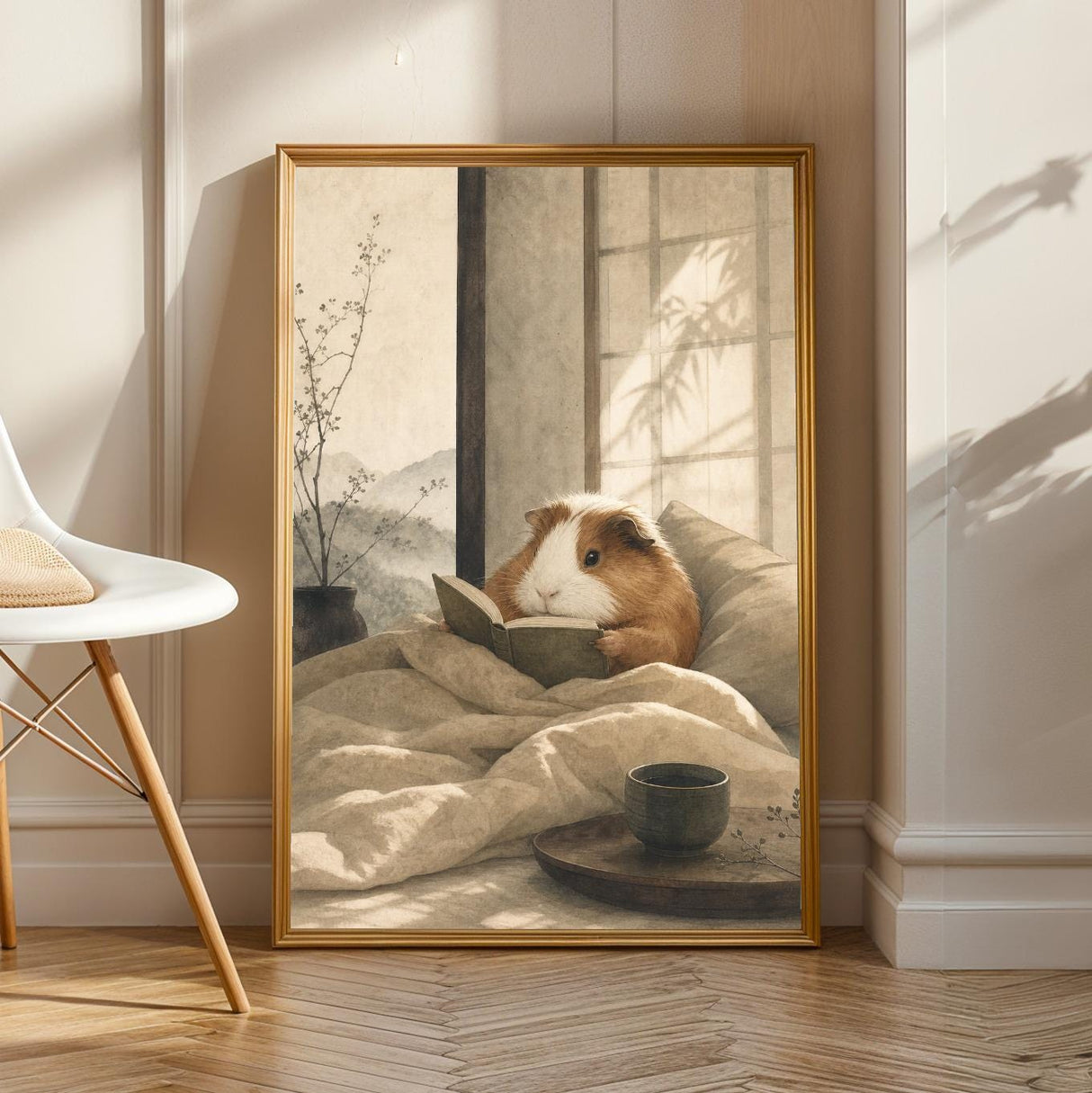 Coronet Guinea Pig Reading in Bed Poster | Japanese Zen Sumi-e Guinea Pig Wall Art | Warm Ivory Fog Gray Decor | Minimalist Bedroom Print