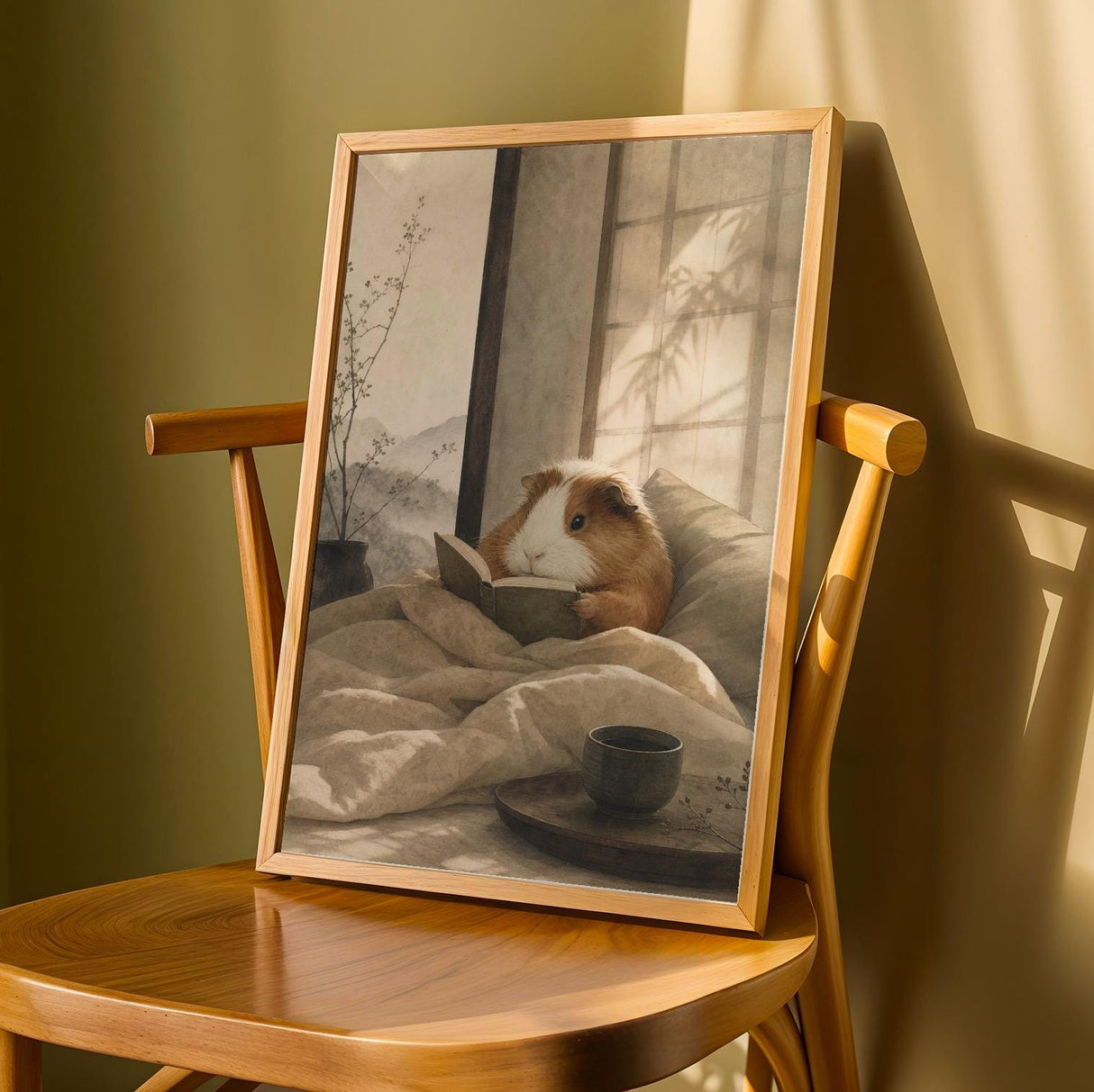 Coronet Guinea Pig Reading in Bed Poster | Japanese Zen Sumi-e Guinea Pig Wall Art | Warm Ivory Fog Gray Decor | Minimalist Bedroom Print