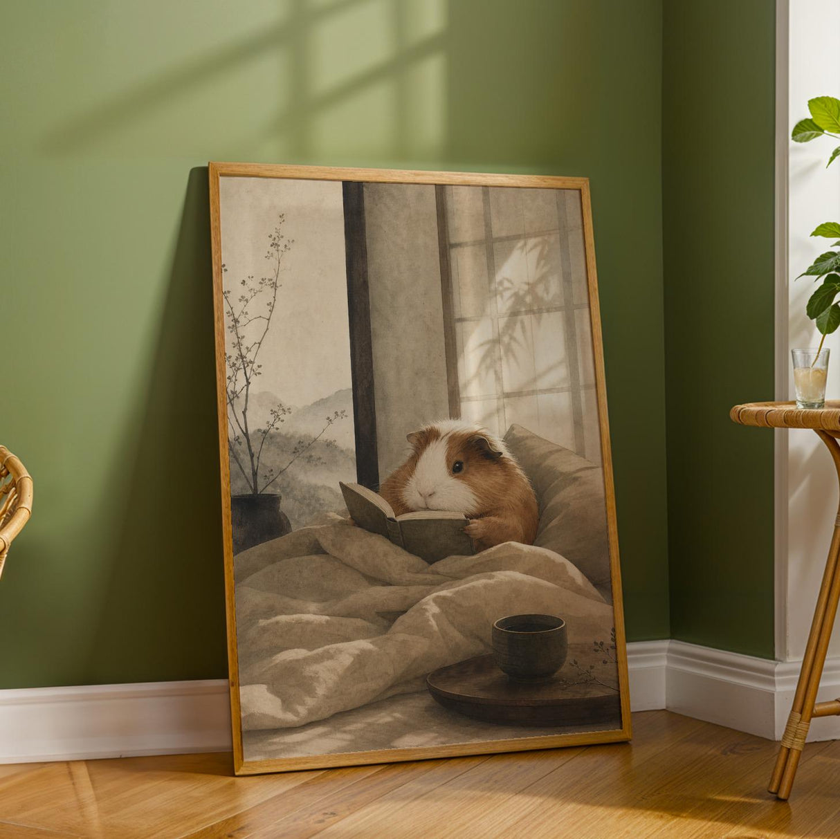 Coronet Guinea Pig Reading in Bed Poster | Japanese Zen Sumi-e Guinea Pig Wall Art | Warm Ivory Fog Gray Decor | Minimalist Bedroom Print