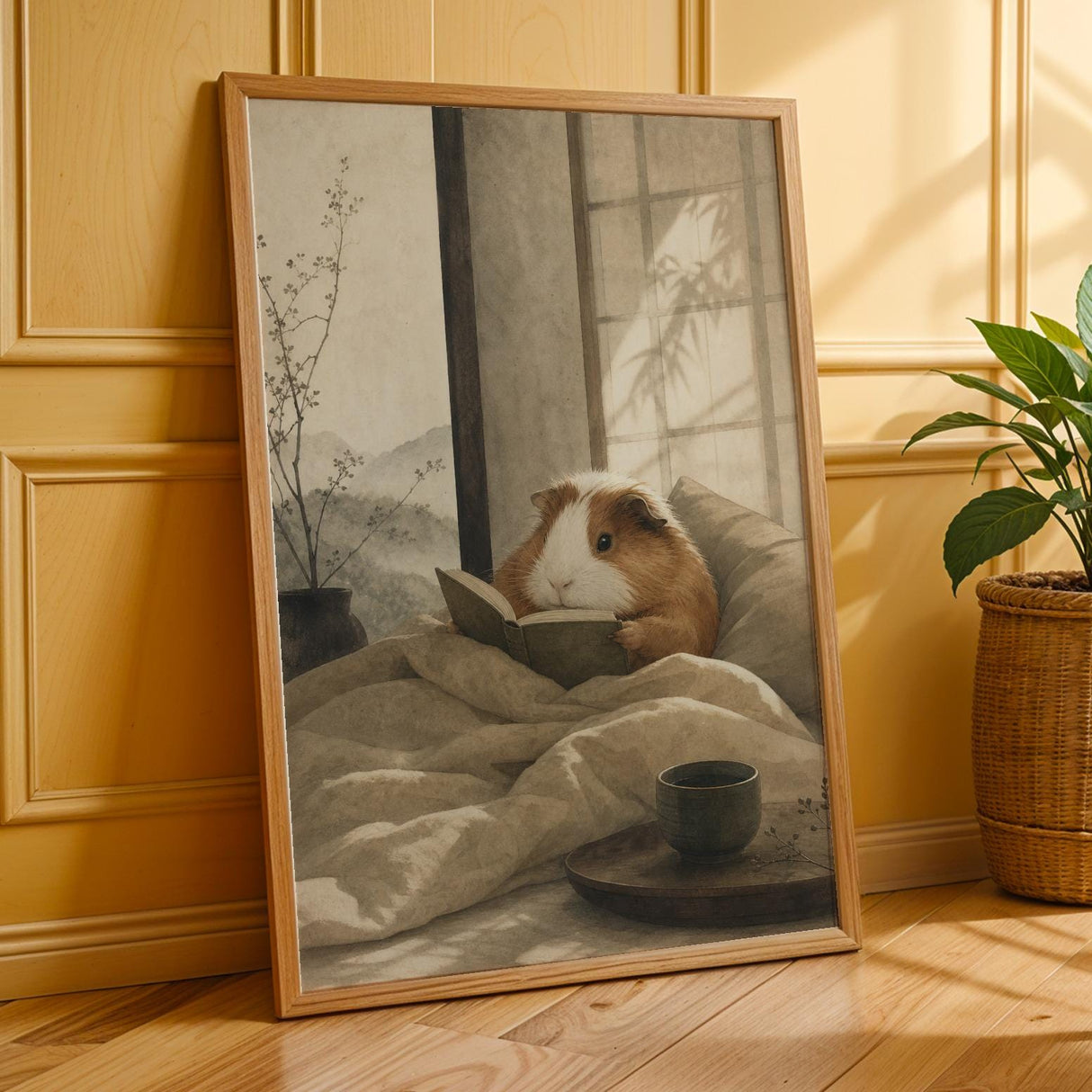 Coronet Guinea Pig Reading in Bed Poster | Japanese Zen Sumi-e Guinea Pig Wall Art | Warm Ivory Fog Gray Decor | Minimalist Bedroom Print