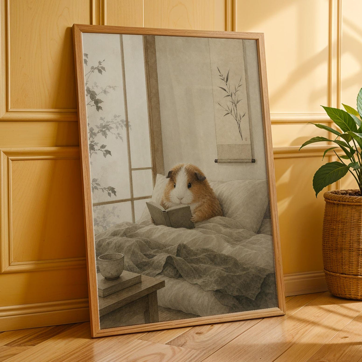 Teddy Guinea Pig Reading in Bed Poster | Japanese Zen Sumi-e Guinea Pig Wall Art | Warm Ivory Fog Gray Decor | Minimalist Bedroom Print