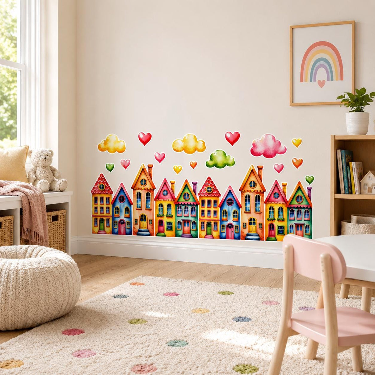 Colorful Watercolor Houses Wall Vinyl Decal | Rainbow Town Street Sticker | Cute Clouds Hearts Wall Art | Nursery Kids Room Playroom Decor