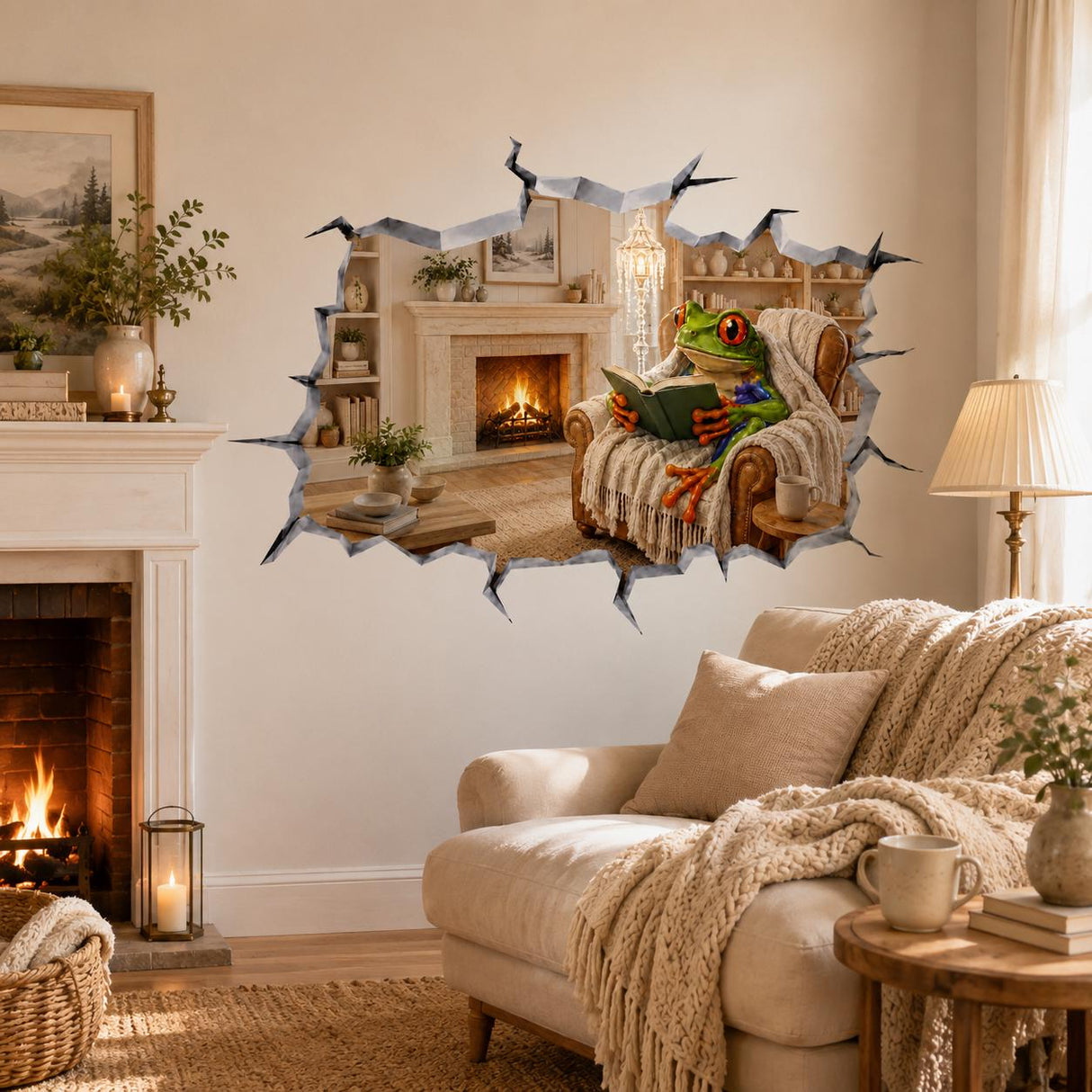 Weird Reading Frog Wall Vinyl Decal | 3D Broken Wall Illusion Sticker | Cozy Fireplace Frog Wall Art | Funny Book Lover Room Decor