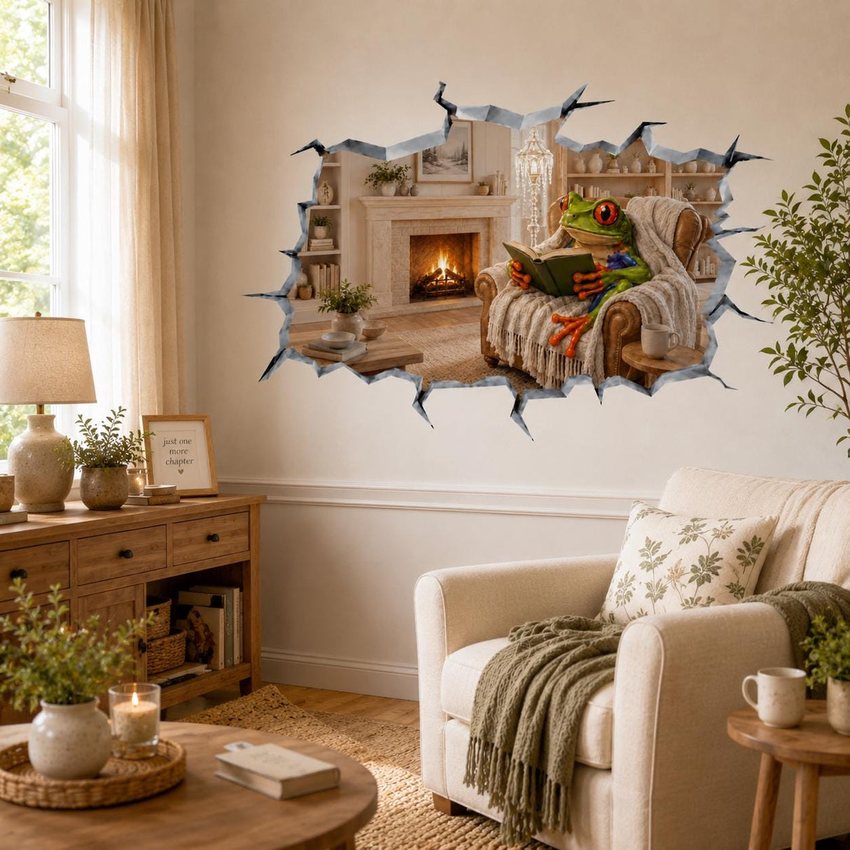 Weird Reading Frog Wall Vinyl Decal | 3D Broken Wall Illusion Sticker | Cozy Fireplace Frog Wall Art | Funny Book Lover Room Decor