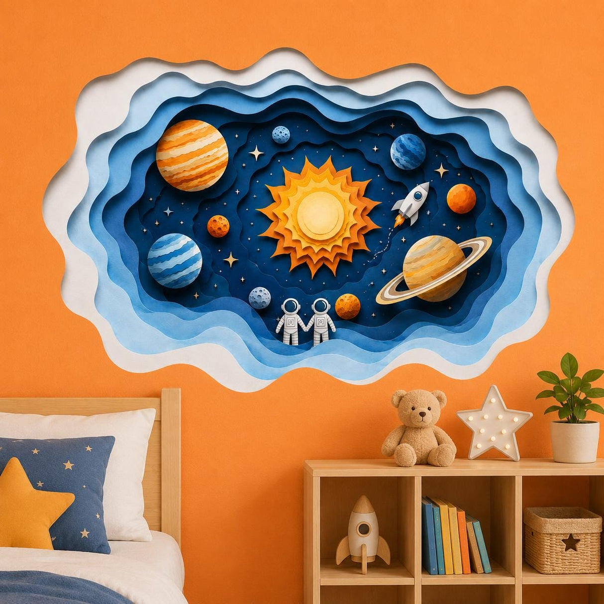 Layered paper-cut style solar system wall vinyl decal with planets, sun, stars, rocket, and two astronauts inside a soft blue wavy space frame.