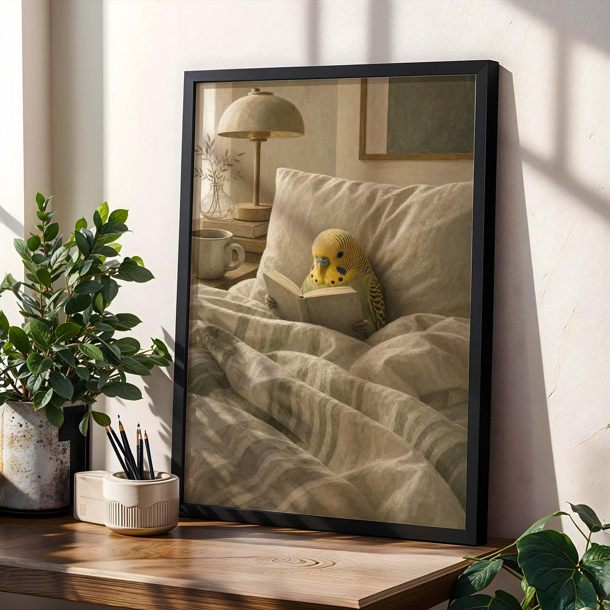 Yellowface Budgerigar Reading in Bed Poster | Modern Gouache Bird Wall Art | Warm Neutral Bedroom Decor | Cozy Minimalist Nook Print