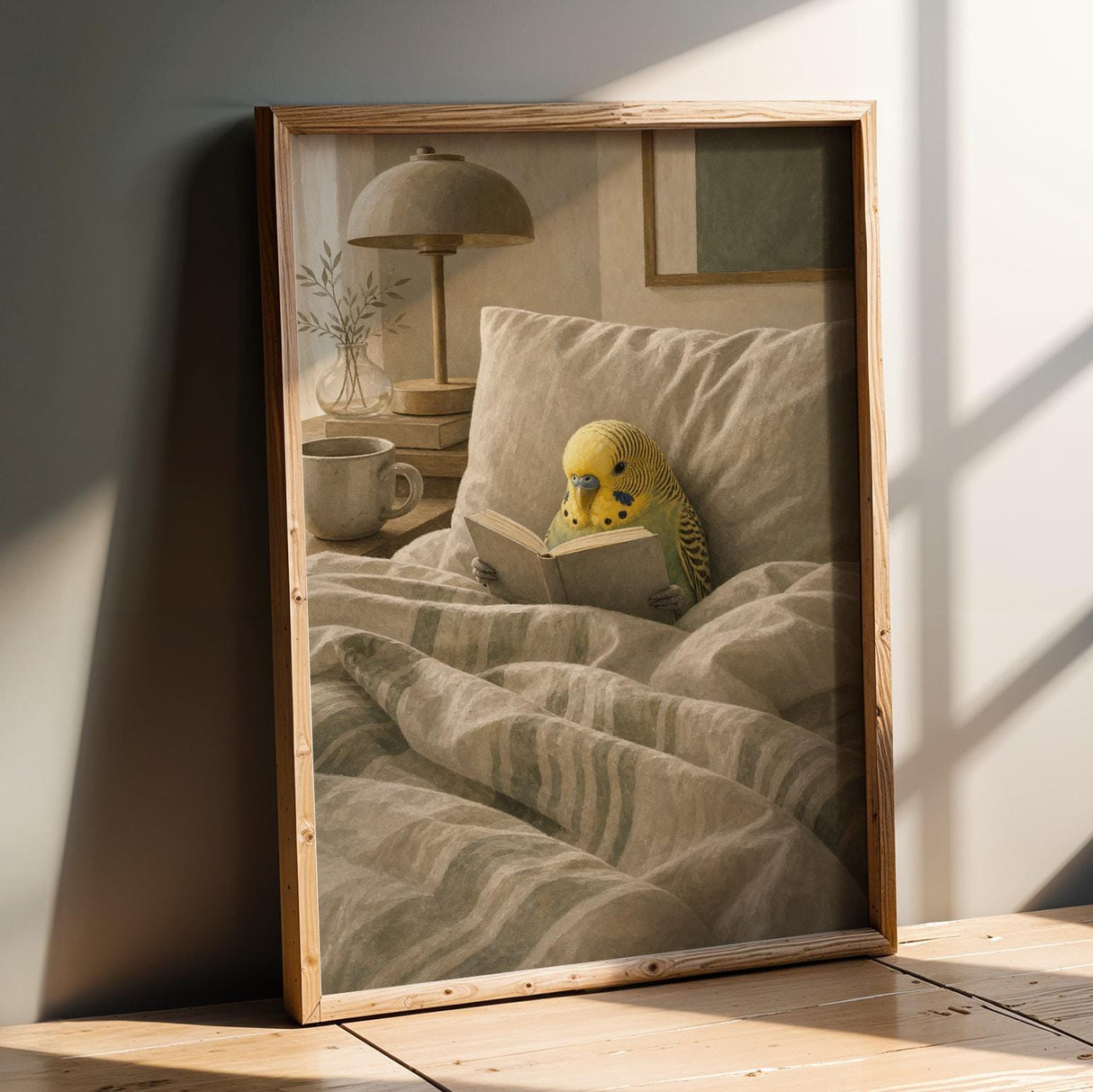 Yellowface Budgerigar Reading in Bed Poster | Modern Gouache Bird Wall Art | Warm Neutral Bedroom Decor | Cozy Minimalist Nook Print