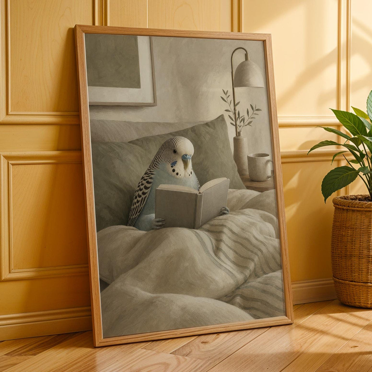English Budgerigar Reading in Bed Poster | Modern Gouache Bird Wall Art | Warm Beige Oat Milk Decor | Cozy Minimalist Bedroom Print
