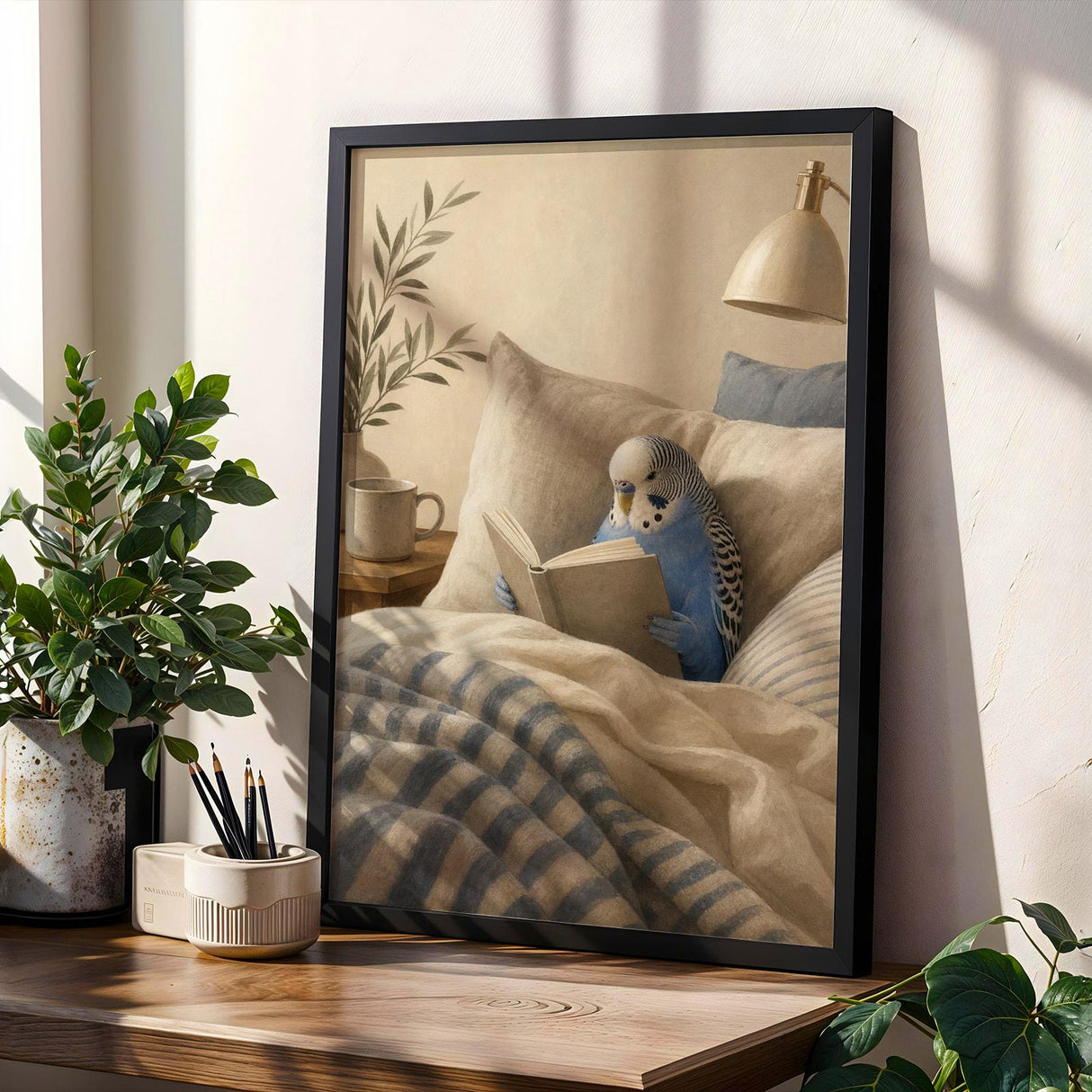 Cobalt Blue Budgerigar Reading in Bed Poster | Modern Gouache Bird Wall Art | Cobalt Blue Warm Beige Decor | Cozy Minimalist Bedroom Print